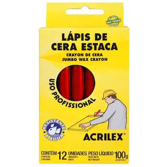 LAPIS DE CERA ESTACA C/12 USO PROFISSIONAL - 09110 - VERMELHO FOGO - UN - ACRILEX