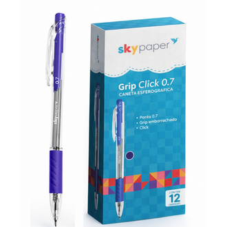CANETA ESFER. C/GRIP CLICK 0,7MM - SK0417 - AZUL - CX 12 - SKYPAPER