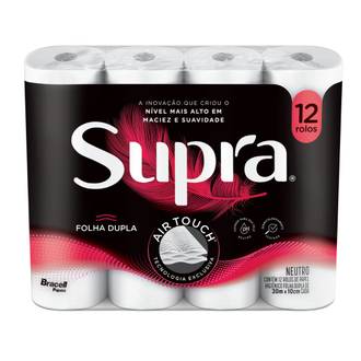 PAPEL HIGIENICO FOLHA DUPLA C/12 - 30M - 100% CELULOSE - UN - SUPRA